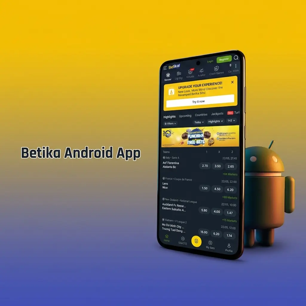 Betika Android app interface showing sports betting and casino games with M-PESA payment support in Kenya