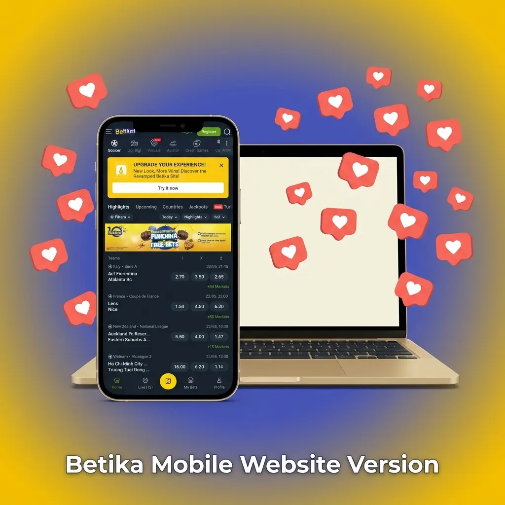 Betika mobile website version on smartphone browser showing sports betting markets and casino games with M-PESA payments