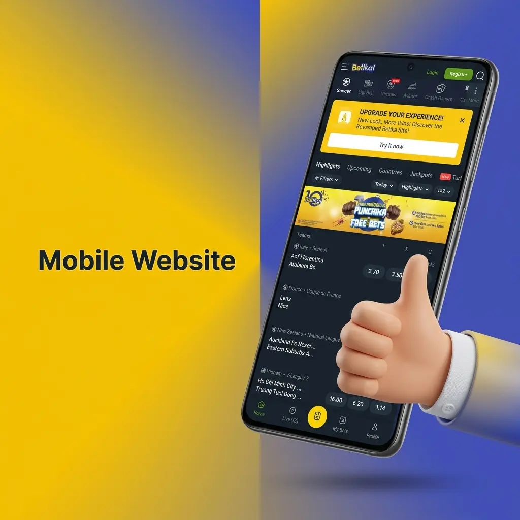 Betika mobile website on smartphone showing sports betting and casino games accessible across Kenya on any browser