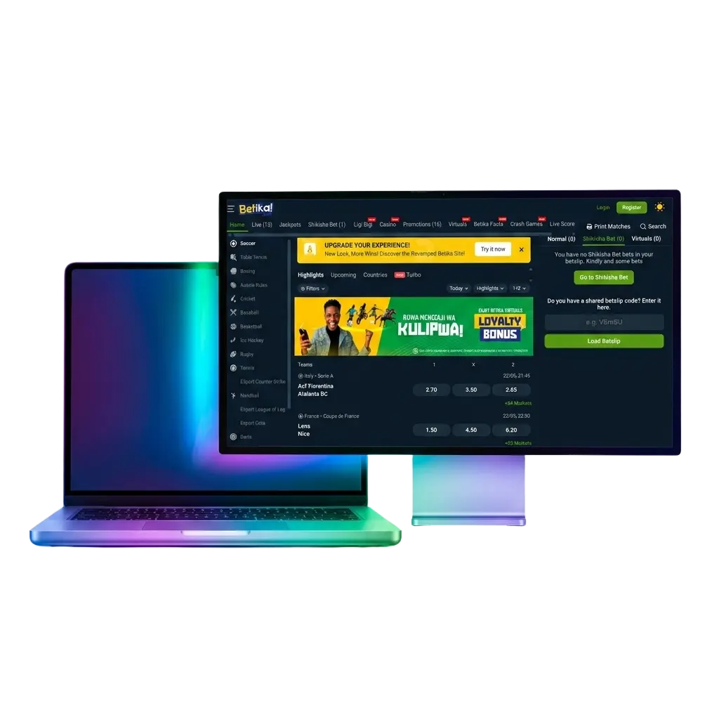 Betika Kenya betting platform interface showing sports betting and casino games on desktop and mobile app